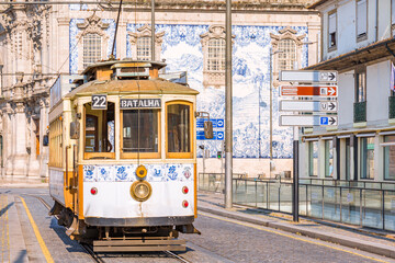 Fototapeta na wymiar Historical vintage street tram in Porto, Portugal