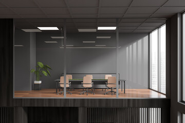 Front view on dark office room interior with conference board