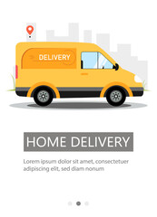 Flyer design for delivery. The yellow van delivers orders to the house.