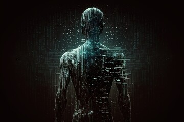 A human figure is created using digital codes. Concept of artificial intelligence. Generative AI