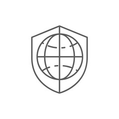 Globe earth with shield, planet protected lineal icon. Global technology, internet, social network symbol design.