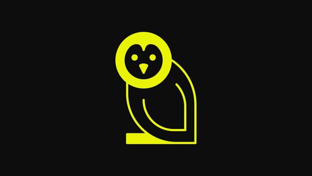 Yellow Owl bird icon isolated on black background. Animal symbol. 4K Video motion graphic animation