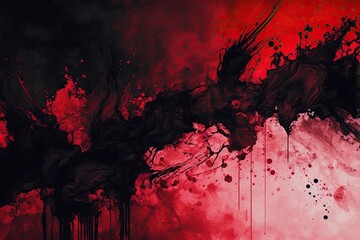 Grunge black and red ink background with drips and splatters. Generative ai composite.
