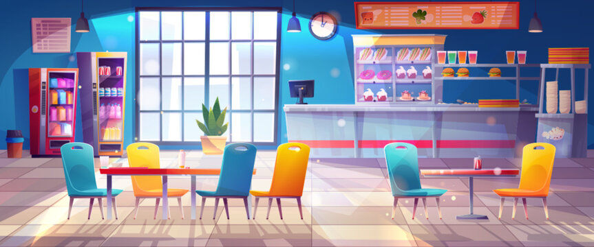 Contemporary school canteen interior design. Vector cartoon illustration of empty university or college cafeteria hall with tables, chairs, snacks, desserts in showcase. Sandwich bar in shopping mall