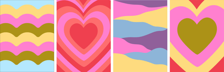 Set of 70s retro backgrounds. Poster template. Hypnotic hearts shaped tunnel, retrowaves, swirls. Y2k. Groovy hippie psychedelic vibes. Wall art. 