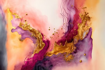 An abstract sunset inspired watercolour background with metallic gold accents. Generative ai composite.