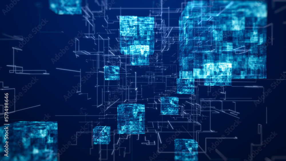 Poster block chain concept. isometric digital blocks connection with each other and shapes crypto chain. bi