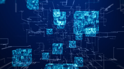 Block chain concept. Isometric digital blocks connection with each other and shapes crypto chain. Big data binary code futuristic information technology, Transferring of big data. 3D Rendering.