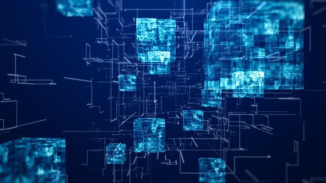 Block Chain Concept. Isometric Digital Blocks Connection With Each Other And Shapes Crypto Chain. Big Data Binary Code Futuristic Information Technology, Transferring Of Big Data. 3D Rendering.