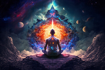 Rear view of a Man sitting in a yoga lotus pose doing meditation and his soul connection to surreal cosmic space. Generative AI	