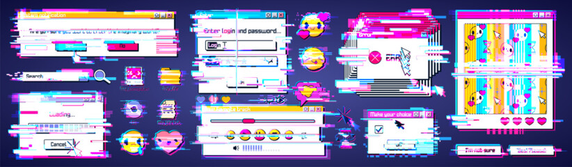 Obraz premium Glitch in retro computer system. Vector illustration of distorted 90s style software windows, error warning, loading progress bar, login box, online game, emoji, folder and file icons on desktop