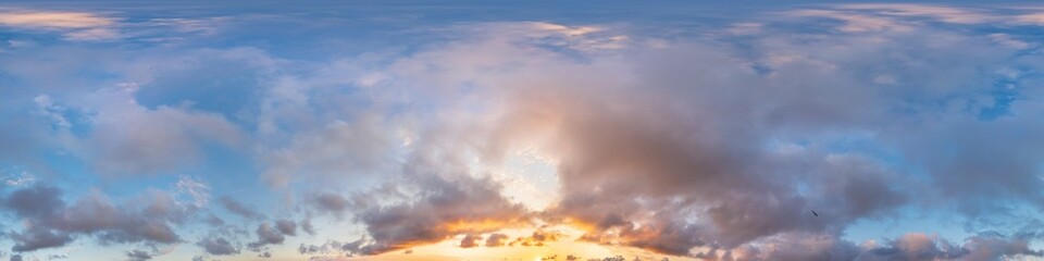 Dark blue sunset sky panorama with pink Cumulus clouds. Seamless hdr 360 panorama in spherical...