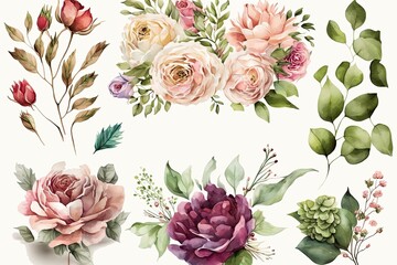 Watercolor floral illustration set - bouquets and wreath (AI generated)