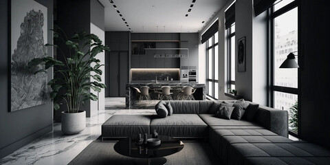 Rendu 3D, Appartement de luxe noir anthracite avec canapé d'angle - obrazy, fototapety, plakaty