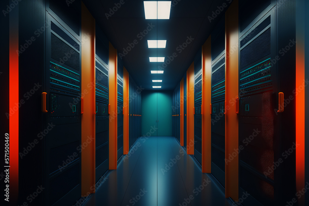 Poster Dark servers data center room with computers and storage systems and orange blue glowing elements. Generative AI Imagery