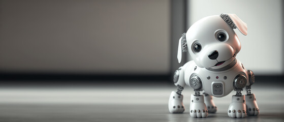 Fototapeta na wymiar Cute robotic puppy isolated on large empty background. White happy little dog robot. Futuristic pet assistant powered by artificial intelligence. Generative ai
