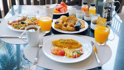 Luxury hotel breakfast buffet with a variety of food