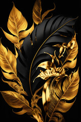 Black and gold tropical leaves background. Golden foliage leaf texture. View of palm plants. Generative ai