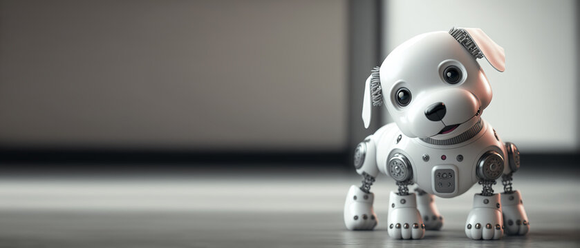 Cute Robotic Puppy Isolated On Large Empty Background. White Happy Little Dog Robot. Futuristic Pet Assistant Powered By Artificial Intelligence. Generative Ai