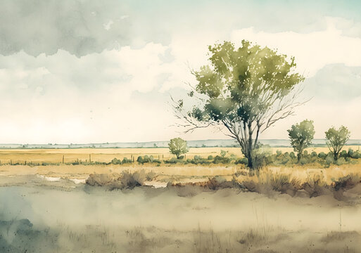 Prairie with tree and cloudy sky landscape watercolor illustration, field countryside art for background, wallpaper