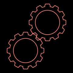 Neon two gears gearwheel cog set Cogwheels connected in working mechanism red color vector illustration image flat style