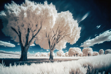 Beautiful landscape with white trees and grass in front of cloudy dark blue sky. Surreal infrared world. Generative AI of dreamy trees in a meadow.