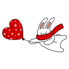 Rabbit holding a balloon rising to the sky color illustration.