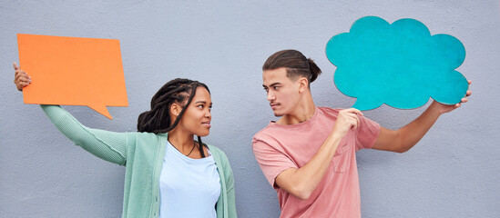 Couple, thinking or speech bubble on isolated background of voice mockup, social media or vote mock up. People, man or black woman on paper poster, marketing billboard or competition feedback review