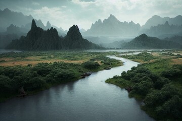 Landscape of Africa with a river, trees and mountains on the horizon under a cloudy sky 3d illustration. Generative AI - obrazy, fototapety, plakaty