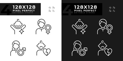 People pixel perfect linear icons set for dark, light mode. Character archetypes. Anima and animus. Family members. Thin line symbols for night, day theme. Isolated illustrations. Editable stroke