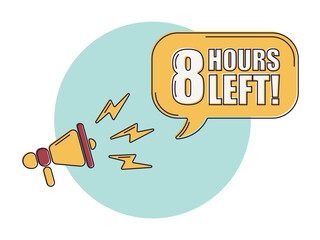 Countdown left 8 hours banner. Count time sale. Icons with color shapes. Comic style.