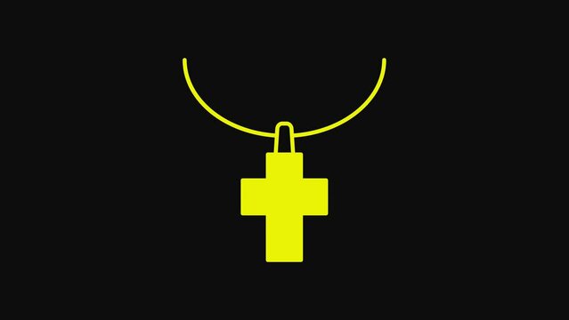 Yellow Christian cross on chain icon isolated on black background. Church cross. 4K Video motion graphic animation