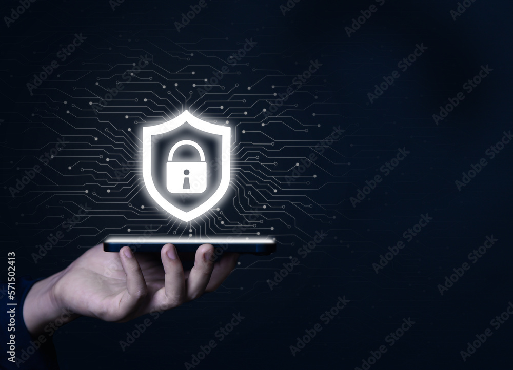 Aufkleber hand-holding smartphone shows a shield icon with a lock sign. computer data password protection conc