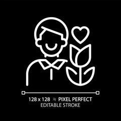 Lover pixel perfect white linear icon for dark theme. Creating relationship. Emotional person. Psychoanalytic theory. Thin line illustration. Isolated symbol for night mode. Editable stroke