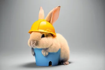Fotobehang Easter bunny with construction helmet, Generative AI © nilaatwork