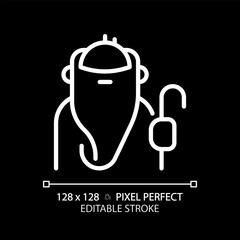 Sage pixel perfect white linear icon for dark theme. Wisdom and knowledge. Seeking truth. Character archetype. Thin line illustration. Isolated symbol for night mode. Editable stroke