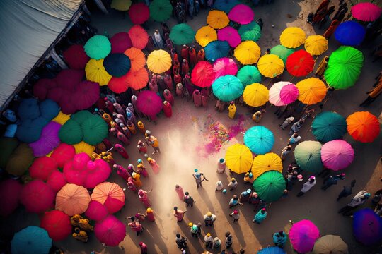 arial view of colorful holi festival generative ai