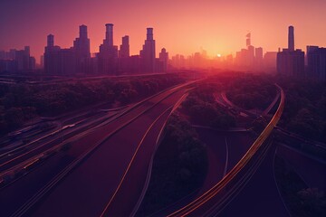 Naklejka na ściany i meble Empty asphalt road and modern city skyline with buildings in Hangzhou at sunset, China. Generative AI
