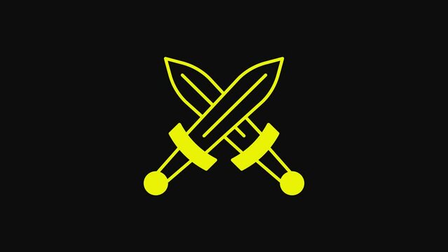 Yellow Crossed medieval sword icon isolated on black background. Medieval weapon. 4K Video motion graphic animation