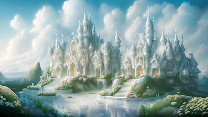 Fairytale white castle in the clouds