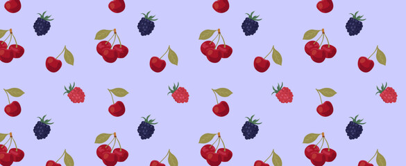 Seamless pattern with blackberry cherries and raspberry berries on a  background. Brigt juicy Berris vector illustration