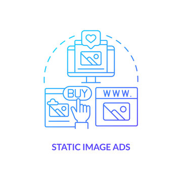 Static image ads blue gradient concept icon. Posting photos of product. Type of social media promo abstract idea thin line illustration. Isolated outline drawing. Myriad Pro-Bold font used