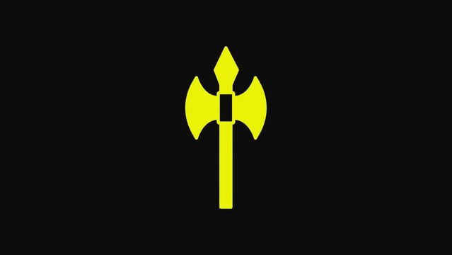 Yellow Medieval axe icon isolated on black background. Battle axe, executioner axe. Medieval weapon. 4K Video motion graphic animation