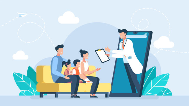 Doctor online concept. Mobile application family doctor. Family in home using mobile app. Medication prescription. Consult online doctor. Sign up appointment therapist. Flat illustration