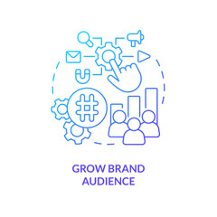 Grow brand audience blue gradient concept icon. Attract new clients. Social media advertising goal abstract idea thin line illustration. Isolated outline drawing. Myriad Pro-Bold font used