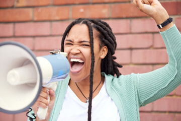 Speaker, protest or angry black woman with speech announcement for politics, equality or human...