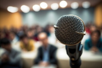 Microphone over the Abstract blurred photo of conference hall or seminar room with attendee background generative ai
