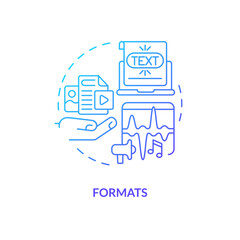 Fototapeta na wymiar Formats blue gradient concept icon. Content for business page. Social media advertising benefit abstract idea thin line illustration. Isolated outline drawing. Myriad Pro-Bold font used