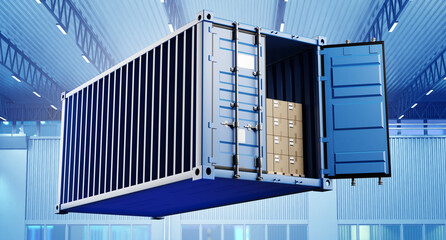 Sea container with boxes. Twenty foot open container. Blue steel tare for sea transportation. Sea container is waiting for unloading. Ocean cargo warehouse logistics concept. 3d rendering.