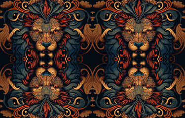 Ethnic lion fabric pattern. Abstract traditional folk antique graphic line lion. Fabric textile lion vector illustration ornate elegant luxury vintage retro style. Art print design for clothing etc. © Kanisorn